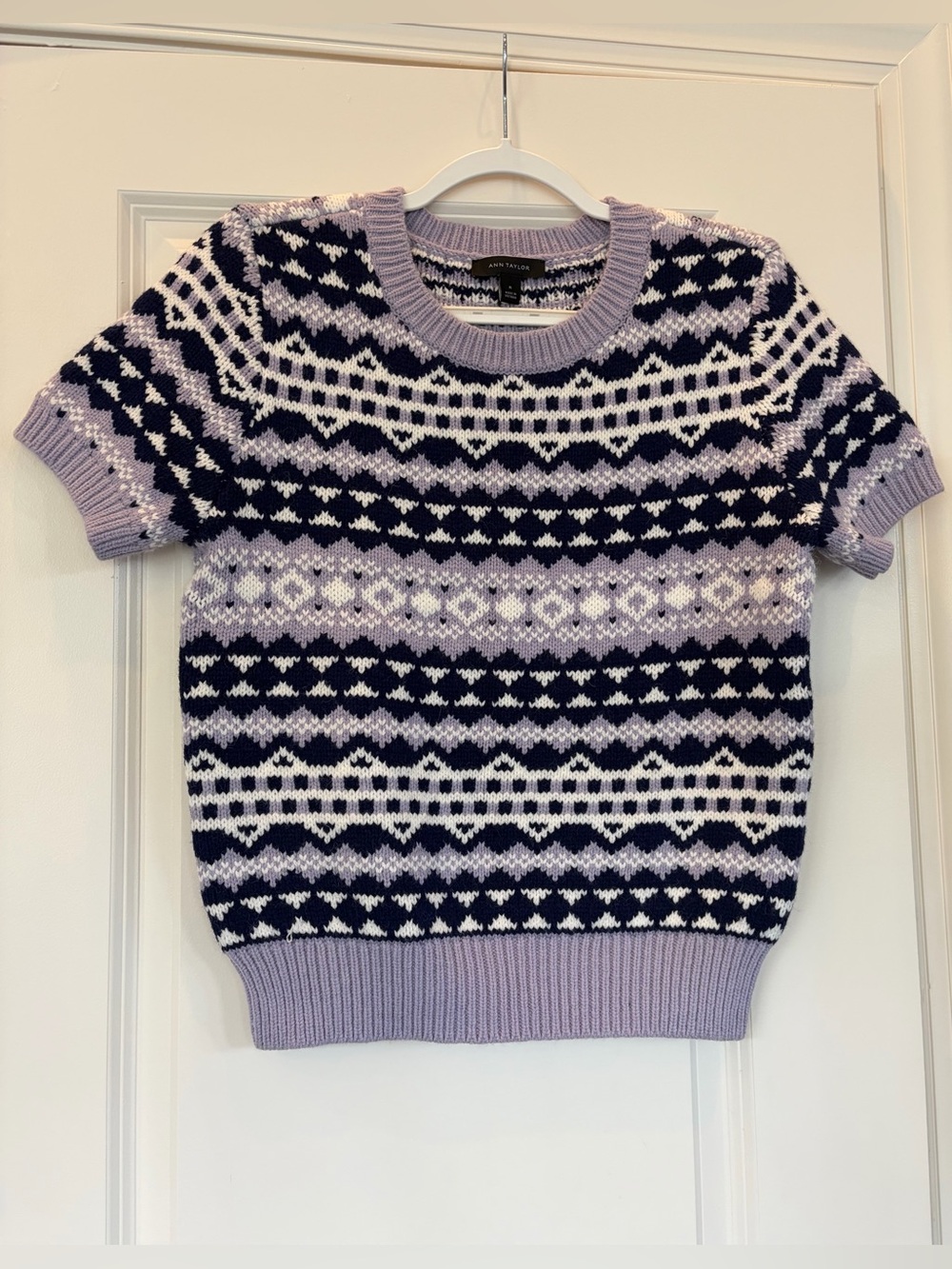 Ann Taylor Short Sleeve Fair Isle Sweater in Lavender and Navy